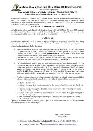 Stanoven&iacute; v&yacute;&scaron;e &uacute;platy za před&scaron;koln&iacute; vzděl&aacute;v&aacute;n&iacute; v Mateřsk&eacute; &scaron;kole Děč&iacute;n III,  Rakovnick&aacute; 306 a Mateřsk&eacute; &scaron;kole Děč&iacute;n III, Březov&aacute; 33